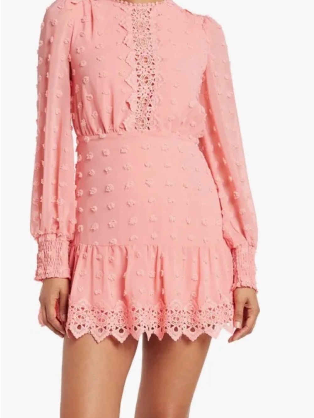 Long sleeve dotted chiffon lace trim dress
